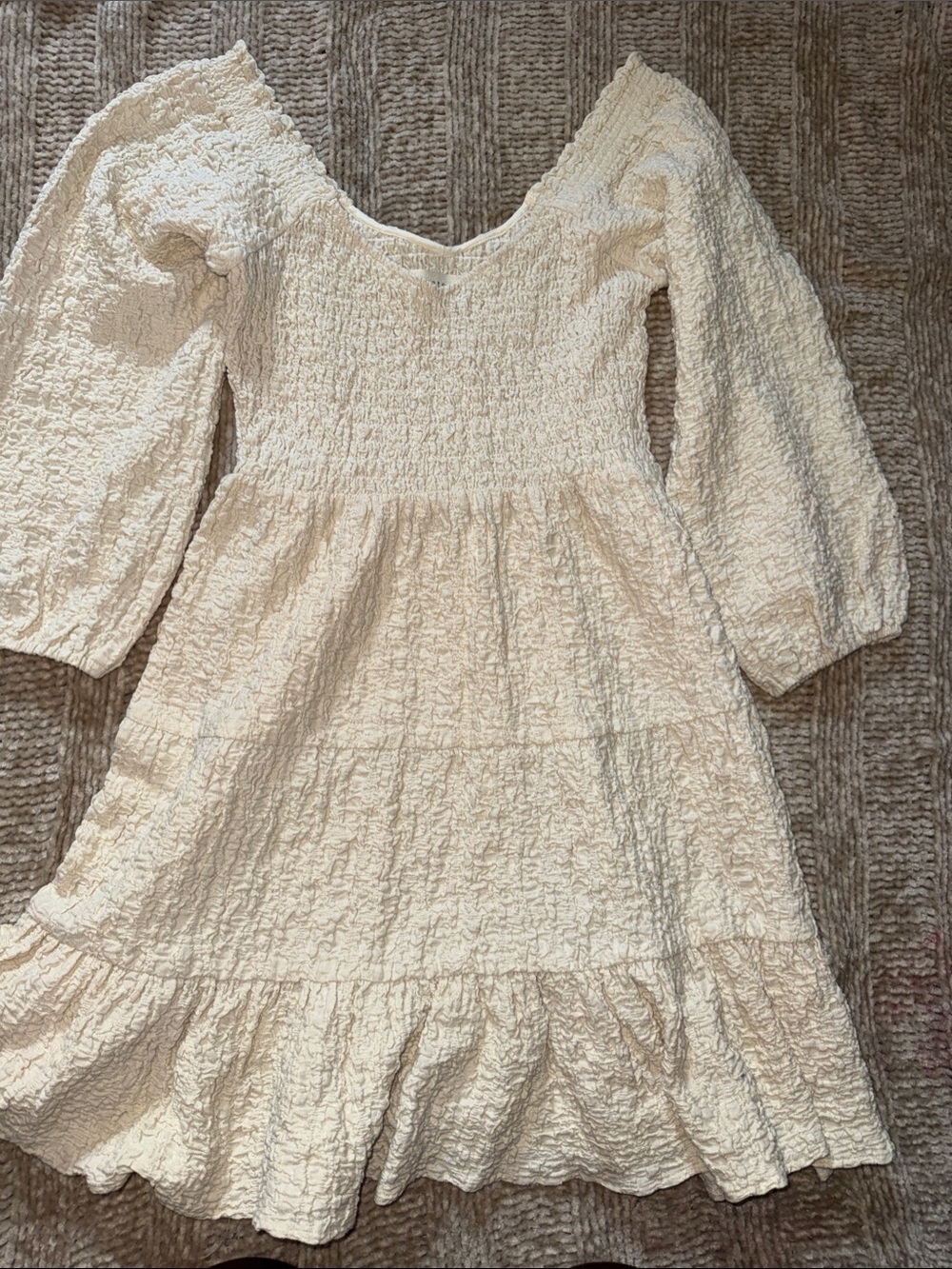 saltwater LUXE Cream Smocked Tiered Dress with Puff Sleeves